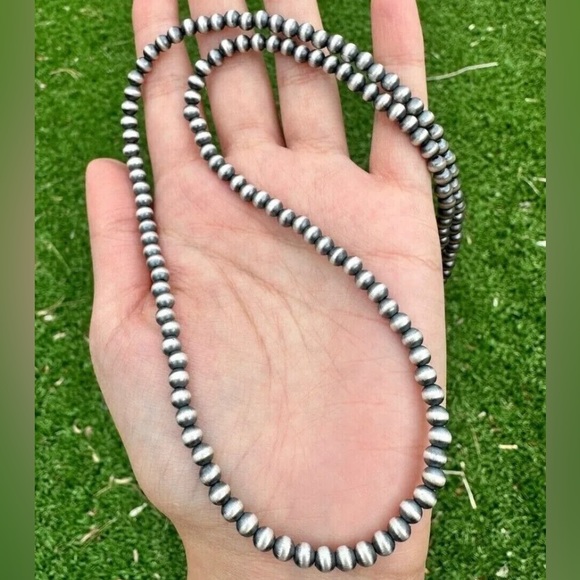 5mm 60 Inch 925 Sterling Silver Oxidized Pearls Bead Necklace Southwestern